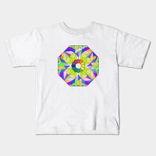 Colorful glass panel drawing with sunflower and Slluks character faces illustration Kids T-Shirt